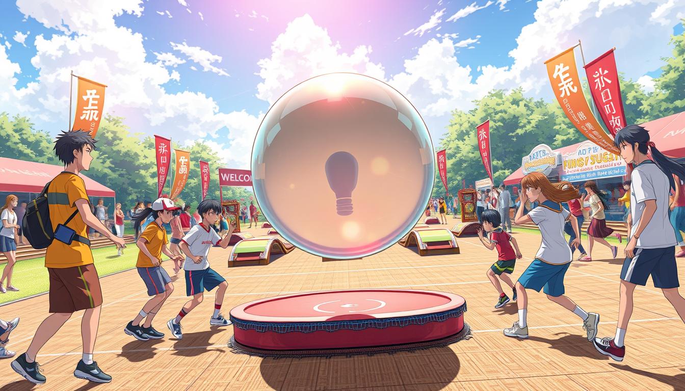 A vibrant and engaging scene of the "Gravity Ball Challenge Game" in action. In the foreground, a group of diverse players, dressed in colorful sports attire, are intently focused on a large, bouncing gravity ball, showing a mix of concentration and excitement. The middle ground features a variety of obstacles and platforms designed for the game, all under a bright, welcoming sky. The background showcases a lively park setting with cheering spectators and banners promoting the game, reflecting a festive atmosphere. Use bright, dynamic lighting to enhance the sense of energy and movement, captured from a low-angle perspective to emphasize the players' engagement and the thrill of the game.