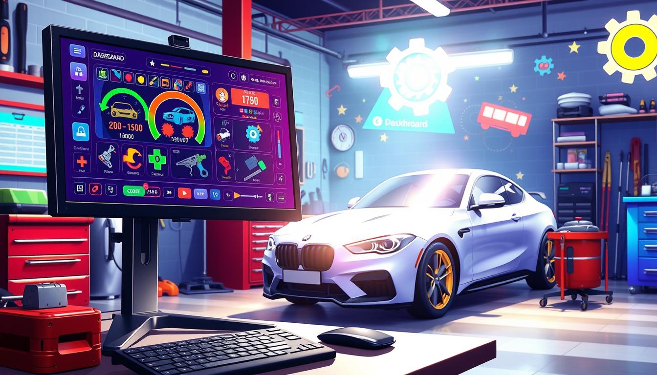 A vibrant and engaging scene depicting an online car repair game interface. In the foreground, illustrate a computer screen showcasing a detailed dashboard of the game, filled with colorful icons representing car parts and repair tools. The middle ground features a simulated car workshop, with tools organized neatly and a shiny car under a bright, supportive light, reflecting the enthusiasm of a challenging game. In the background, include hints of a digital environment, perhaps with whimsical elements like floating gears or playful car graphics, giving a sense of immersion. Use bright, inviting colors and soft shadows to create a friendly and motivational atmosphere. The overall mood should convey excitement and creativity, perfect for new players eager to start their car repair journey.