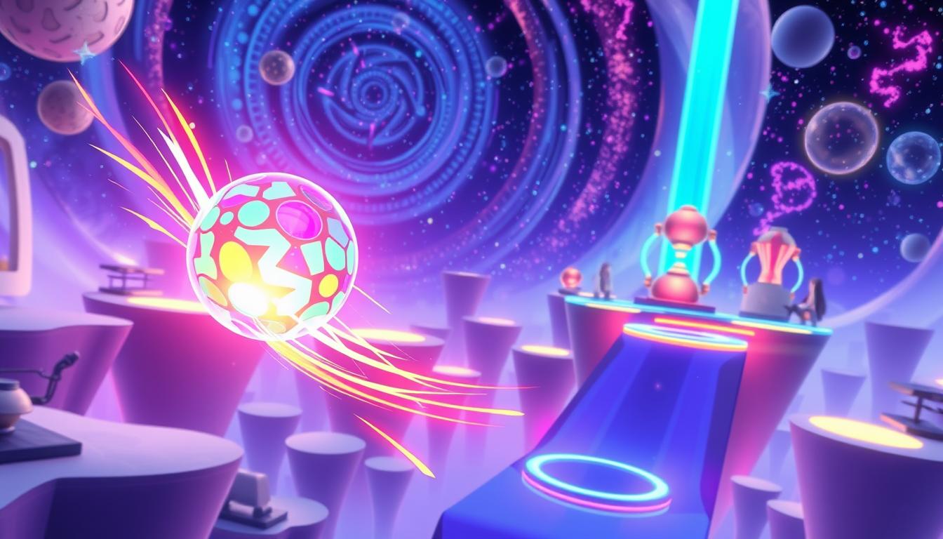 A vibrant, stylized digital artwork representing a "Gravity Ball" game scene. In the foreground, a dynamic, colorful gravity ball is captured mid-bounce, showcasing its glowing patterns and energy trails. The middle ground features a futuristic, abstract game environment with floating platforms, gravity anomalies, and luminous obstacles that challenge players. In the background, a breathtaking cosmic backdrop with swirling galaxies and stars provides depth and immersion. The lighting is bright and dynamic, highlighting the ball's motion and the otherworldly features of the game, creating a playful and adventurous atmosphere. Use a slightly angled perspective to enhance excitement and movement, inviting viewers into this engaging gameplay experience. The scene is free of any text or markings.