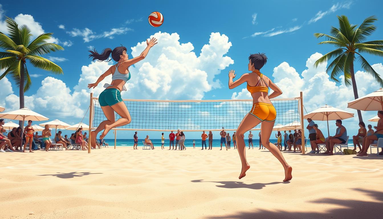 A vibrant beach scene depicting a professional beach volleyball match in action. In the foreground, two athletes in modest athletic wear are focused on a crucial play, with one jumping for a powerful spike while the other prepares for a defensive block. The athletes exhibit intense concentration and teamwork. The middle ground showcases a well-defined volleyball court marked in the sand, complete with a net and boundary lines. In the background, spectators watch eagerly, under a clear blue sky with soft white clouds, while beach umbrellas and palm trees frame the scene, adding to the lively atmosphere. The lighting is bright and sunny, casting deep shadows on the sand, creating a dynamic and energetic mood. The angle is slightly elevated to capture the height of the jump and the excitement of the game without any text or watermarks.