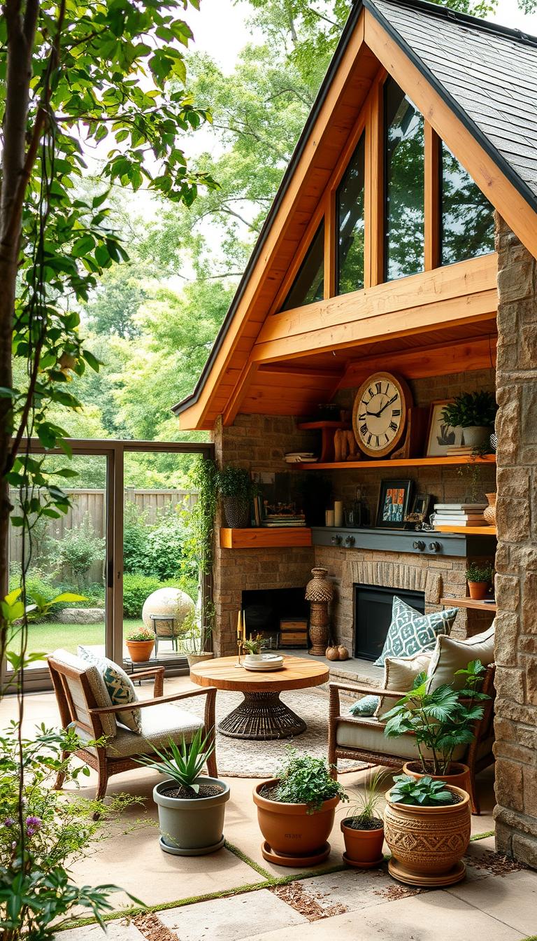 A cozy and inviting she shed nestled in a lush, verdant backyard. The structure is a warm, earthy blend of natural wood and stone, with large windows that flood the interior with soft, natural light. A comfortable seating area is arranged around a rustic fireplace, surrounded by shelves displaying charming decor and personal mementos. Potted plants and string lights add a touch of whimsy, while a sliding glass door opens to a tranquil patio, blurring the line between indoor and outdoor living. The entire scene evokes a sense of relaxation, creativity, and personal retreat, inspiring one's own unique backyard transformation.