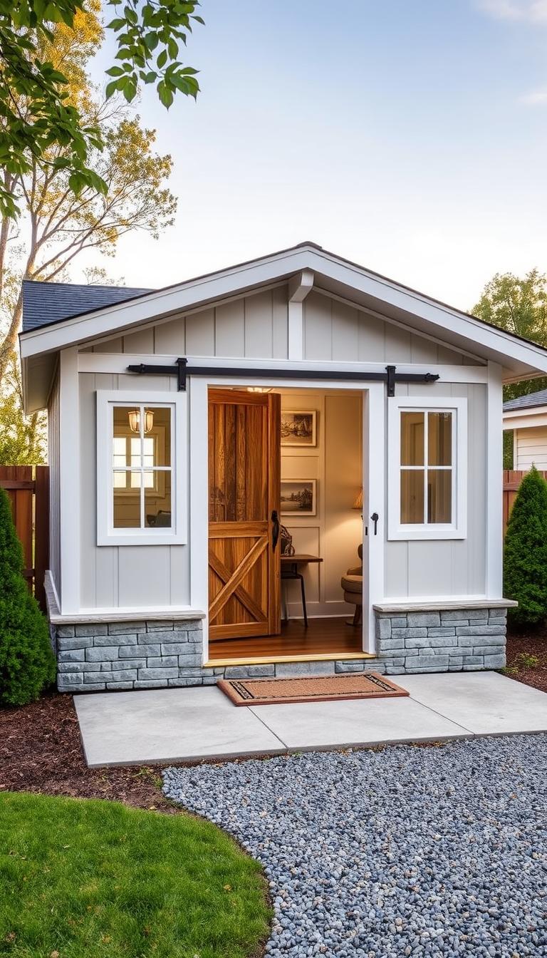 Generate an image of a charming Colonial-style home office shed with clean lines, stone skirting, and barn-style doors.