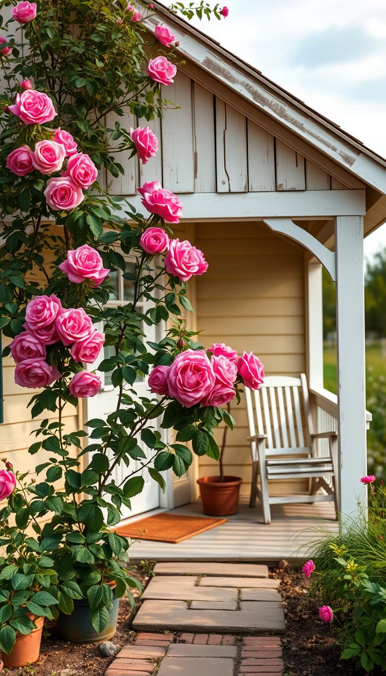 Generate an image of a charming rustic farmhouse she shed with a rose bush growing across the front and a cozy little porch.