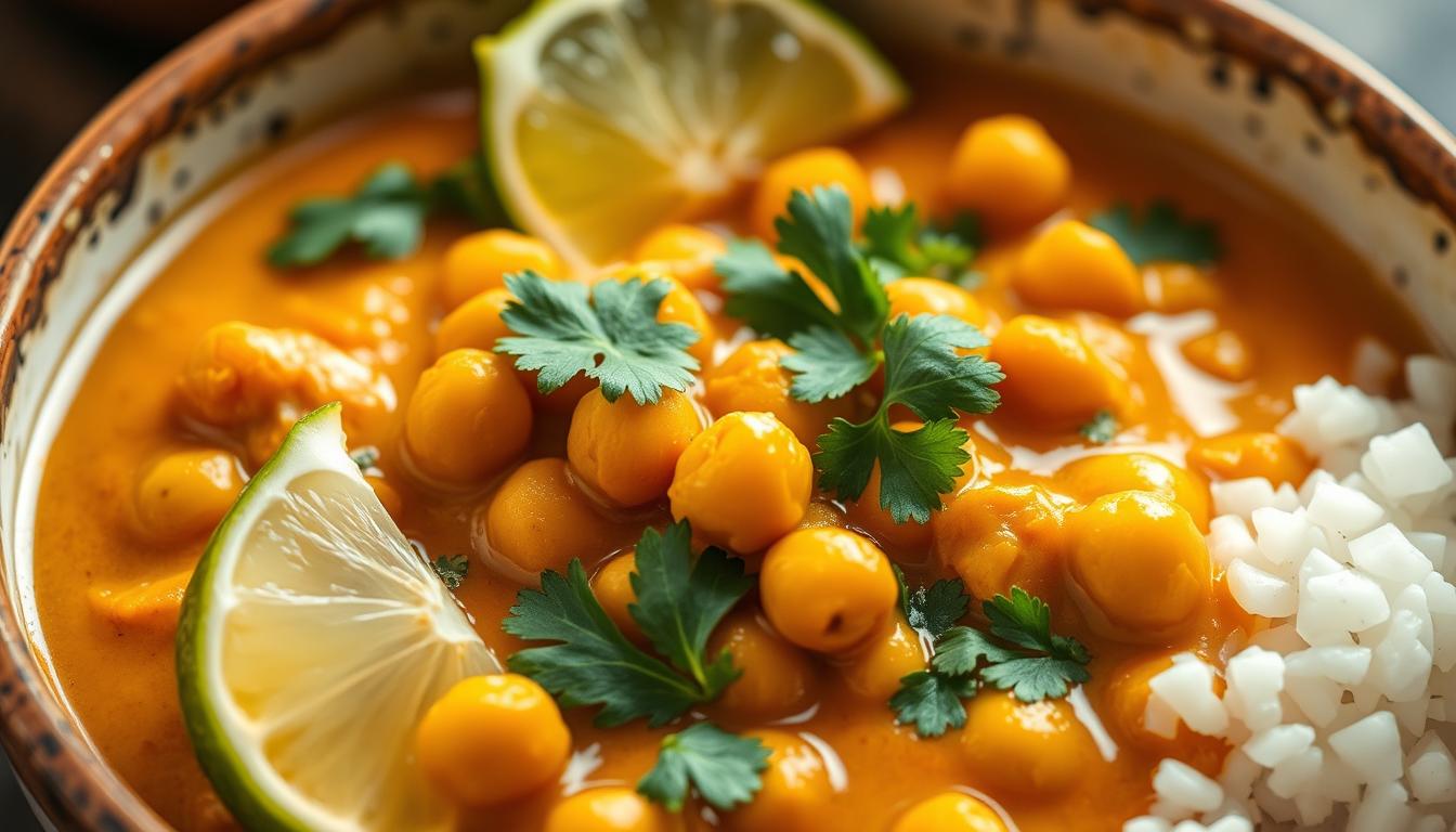 Coconut Chickpea Curry Recipe in a serving bowl with rice