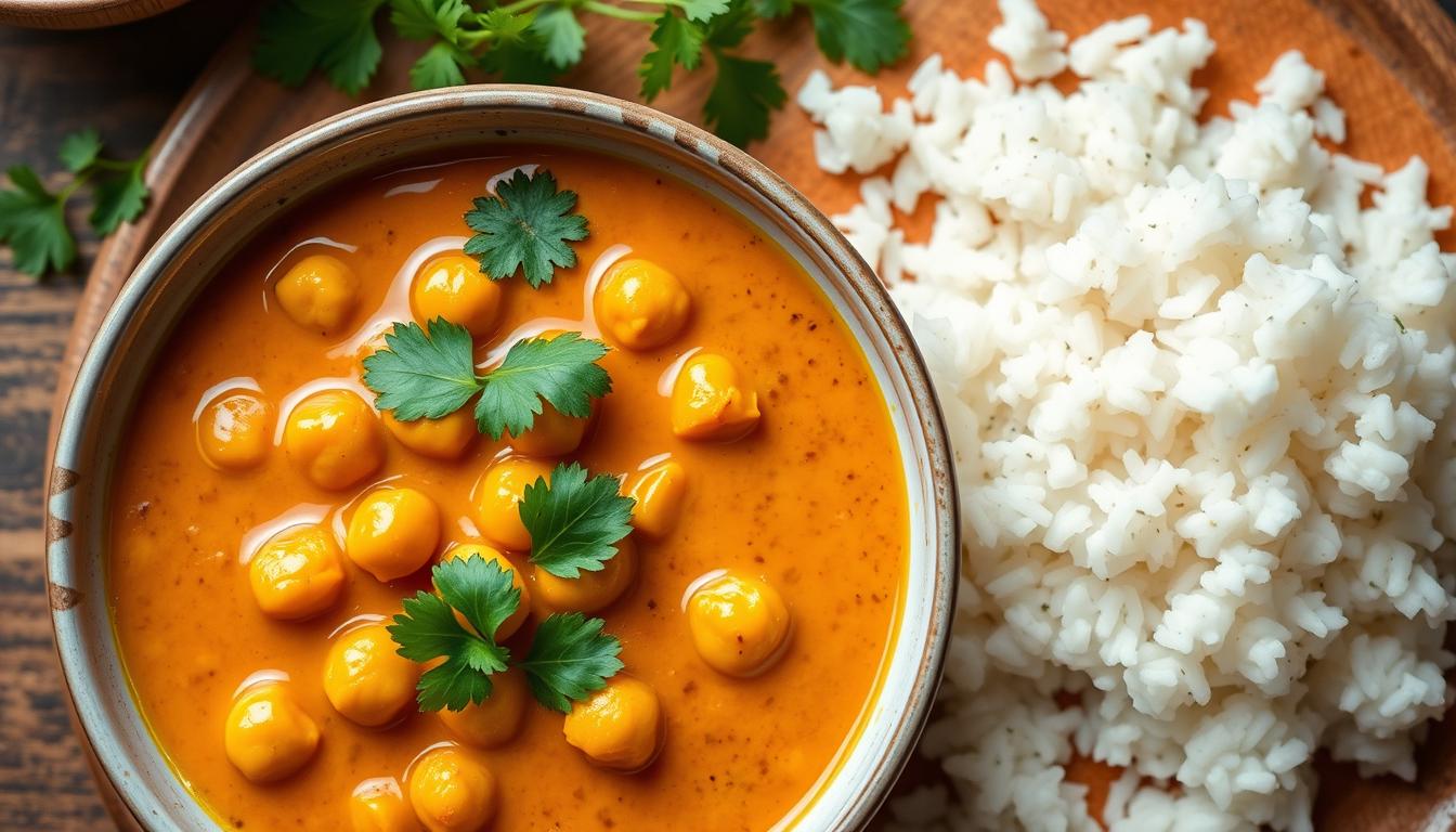 Coconut Chickpea Curry Recipe served in a bowl with rice and fresh cilantro