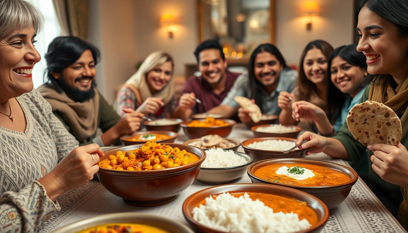 Family enjoying Coconut Chickpea Curry Recipe at dinner table