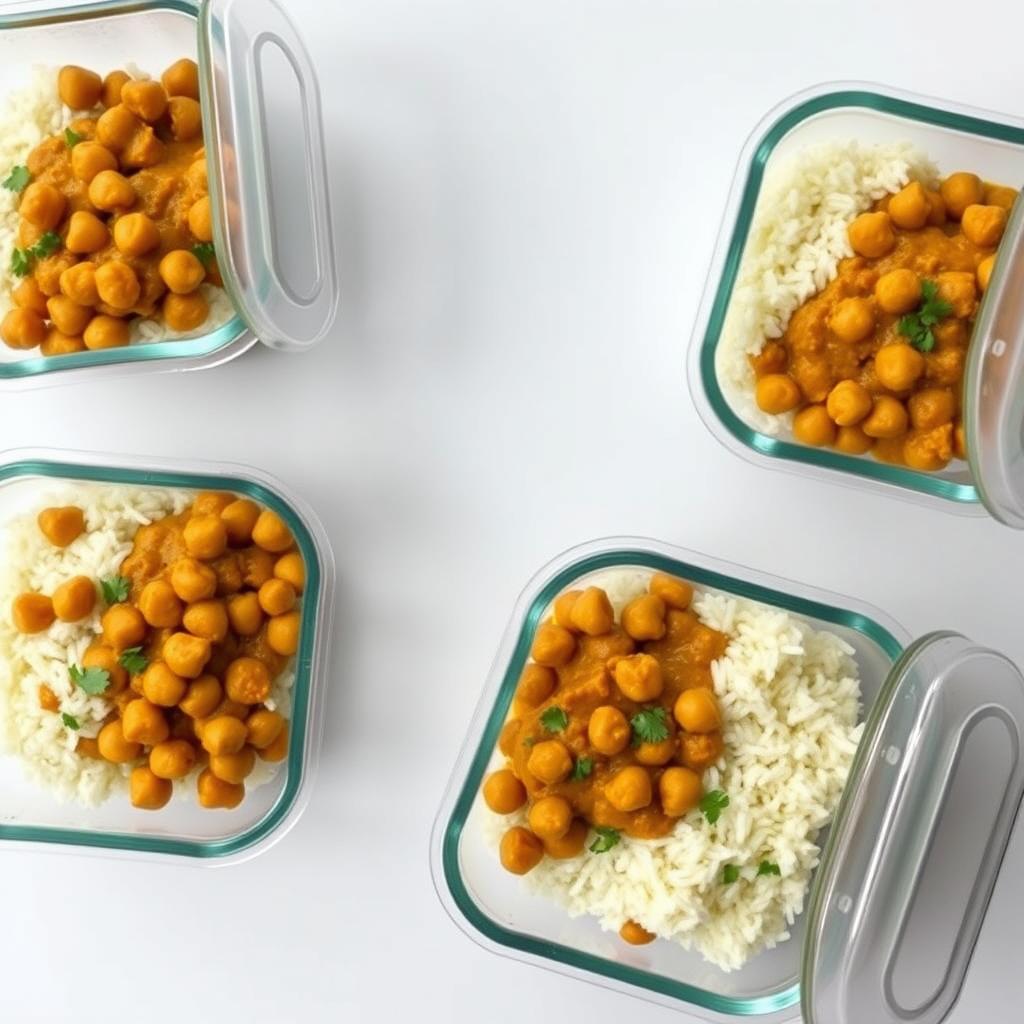 Meal prep containers with Coconut Chickpea Curry Recipe