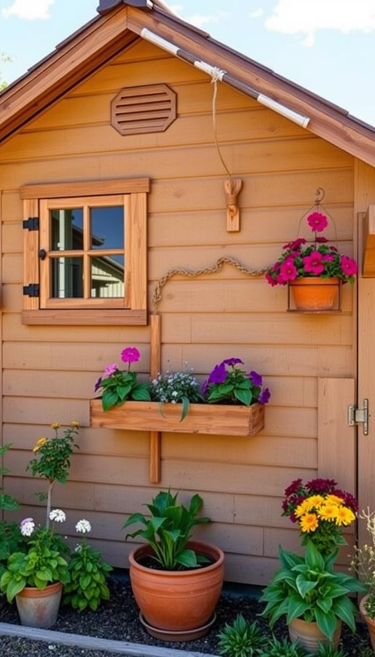 Generate an image of a charming garden-inspired potting shed with a barn board structure, wood frame windows, and flower boxes.