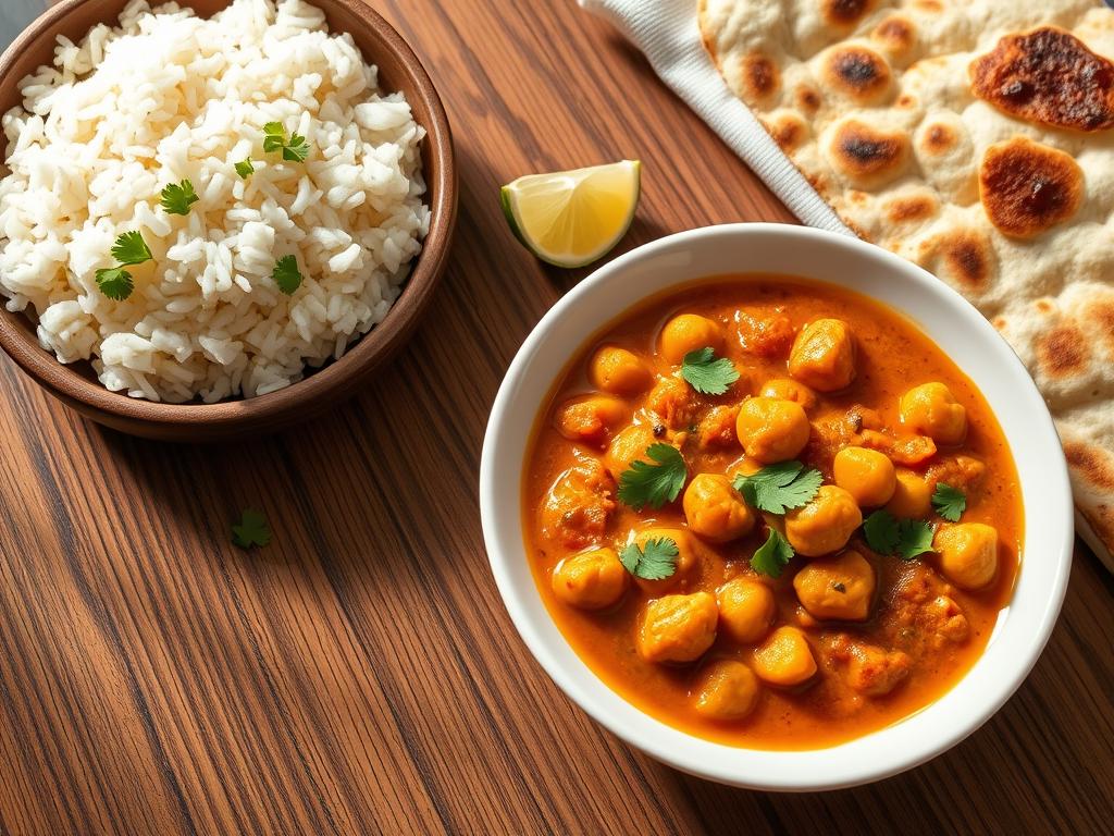 Coconut Chickpea Curry Recipe served with rice and naan bread