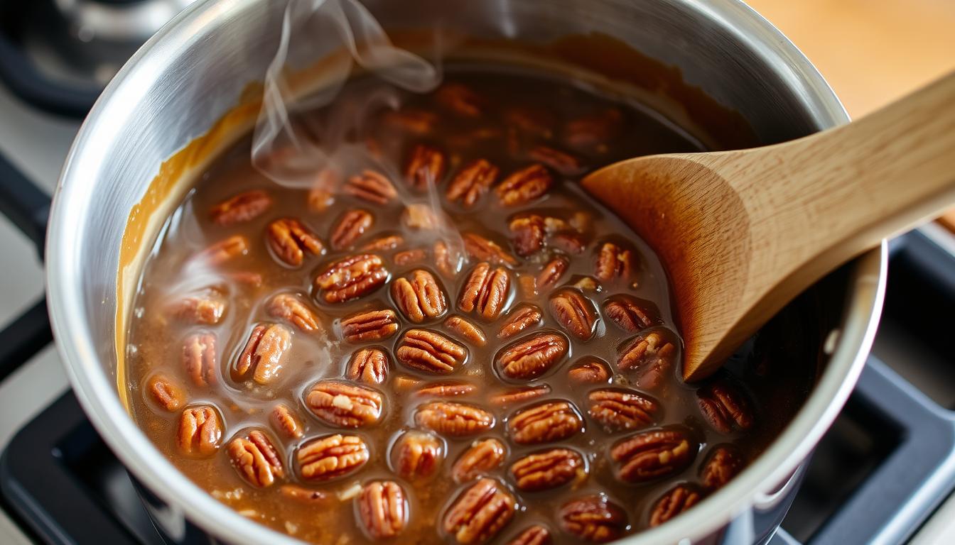 Cooking pecan filling mixture on stovetop