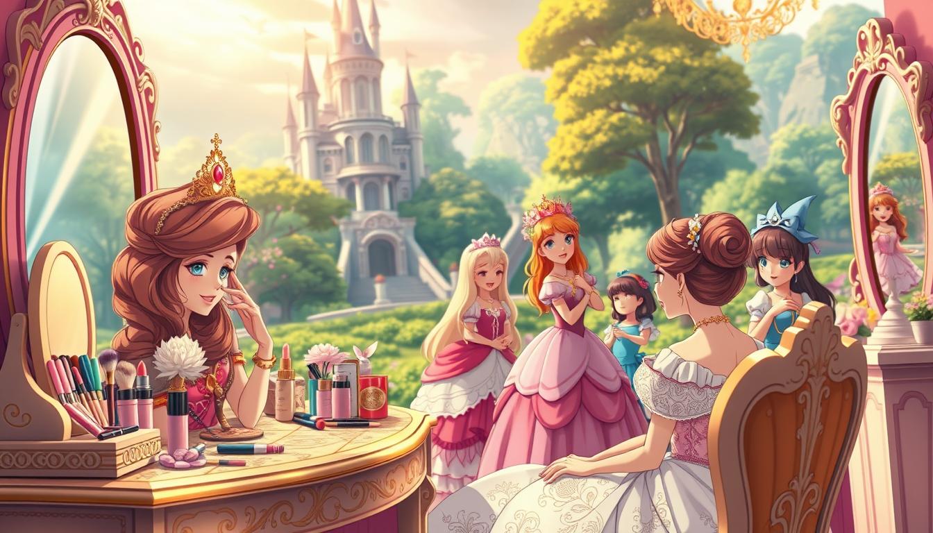 A colorful and vibrant image of a princess beauty salon. In the foreground, a beautifully rendered princess sits at a vanity table, surrounded by an array of makeup, hair accessories, and jewelry. Intricate patterns and textures adorn the vanity, creating a sense of luxury and whimsy. In the middle ground, young girls dressed as princesses excitedly interact with each other, trying on different makeup and hairstyles. The background features a lush, fantastical environment with towering castle spires, lush gardens, and a warm, golden lighting that bathes the scene in a dreamlike glow. The overall mood is one of playfulness, imagination, and the joy of self-expression.