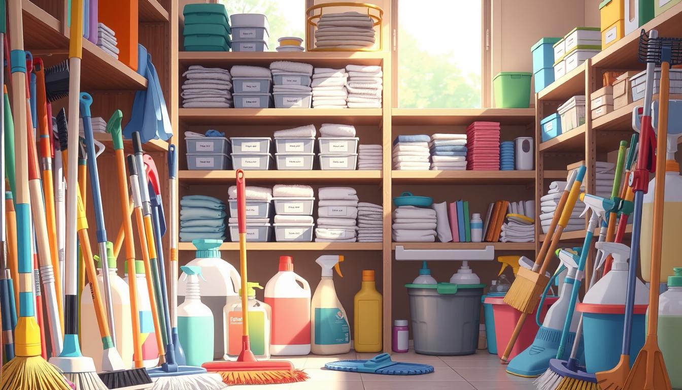 A well-organized and well-stocked cleaning supply closet in an animal hotel. The foreground features an assortment of cleaning tools - mops, brushes, sponges, and cleaning solutions in various sizes and colors. The middle ground showcases neatly organized shelves with labeled bins containing towels, rags, and other supplies. The background has a large window letting in natural light, creating a bright and airy atmosphere. The overall scene conveys a sense of order, efficiency, and attention to detail in maintaining the cleanliness and sanitation of the animal hotel.