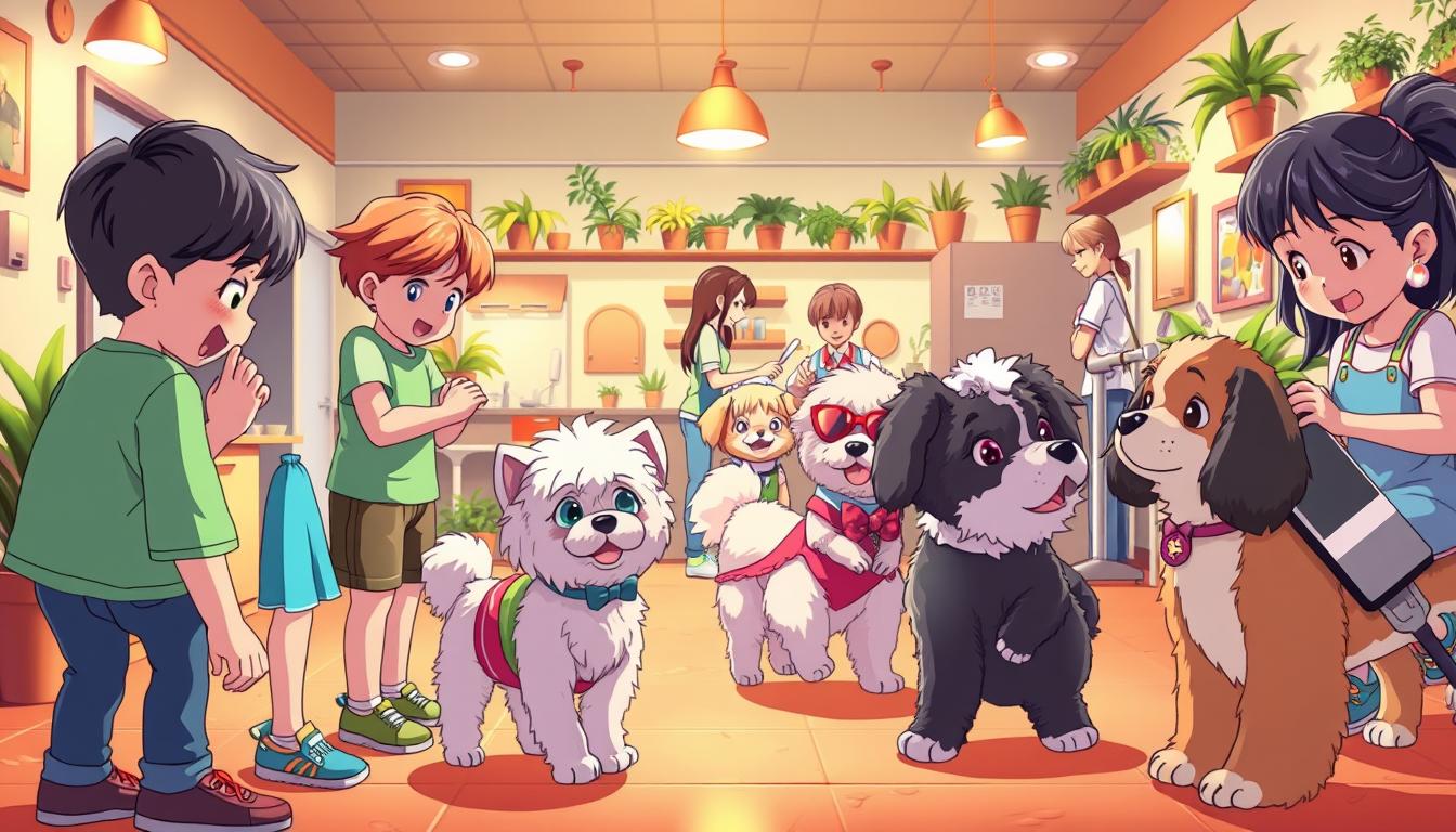 A vibrant and whimsical scene showcasing the educational and entertaining aspects of a dog grooming salon. In the foreground, a group of children engage enthusiastically with well-groomed pooches, learning about pet care and hygiene through interactive play. The middle ground features stylishly-dressed pups prancing about, showcasing the salon's grooming services. In the background, the warm, inviting atmosphere of the salon is captured through soft lighting, potted plants, and friendly staff tending to the furry clients. The overall mood is one of joy, discovery, and the special bond between humans and their canine companions.