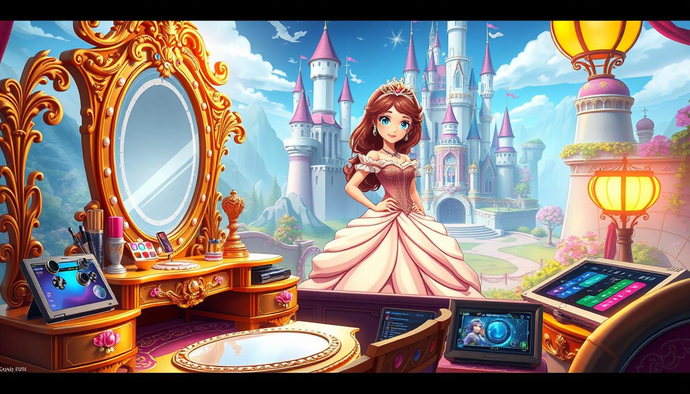 A vibrant and whimsical image of a princess-themed gaming world. In the foreground, an ornate, gilded princess vanity set adorned with shimmering makeup, hair accessories, and jewelry. Soft, warm lighting casts a magical glow. In the middle ground, a princess avatar in a flowing gown poses elegantly, surrounded by a variety of princess-themed gaming controls and interfaces. The background features a stylized, fantastical castle landscape with towers, turrets, and lush, colorful gardens. An atmosphere of enchantment, luxury, and imaginative play permeates the scene.