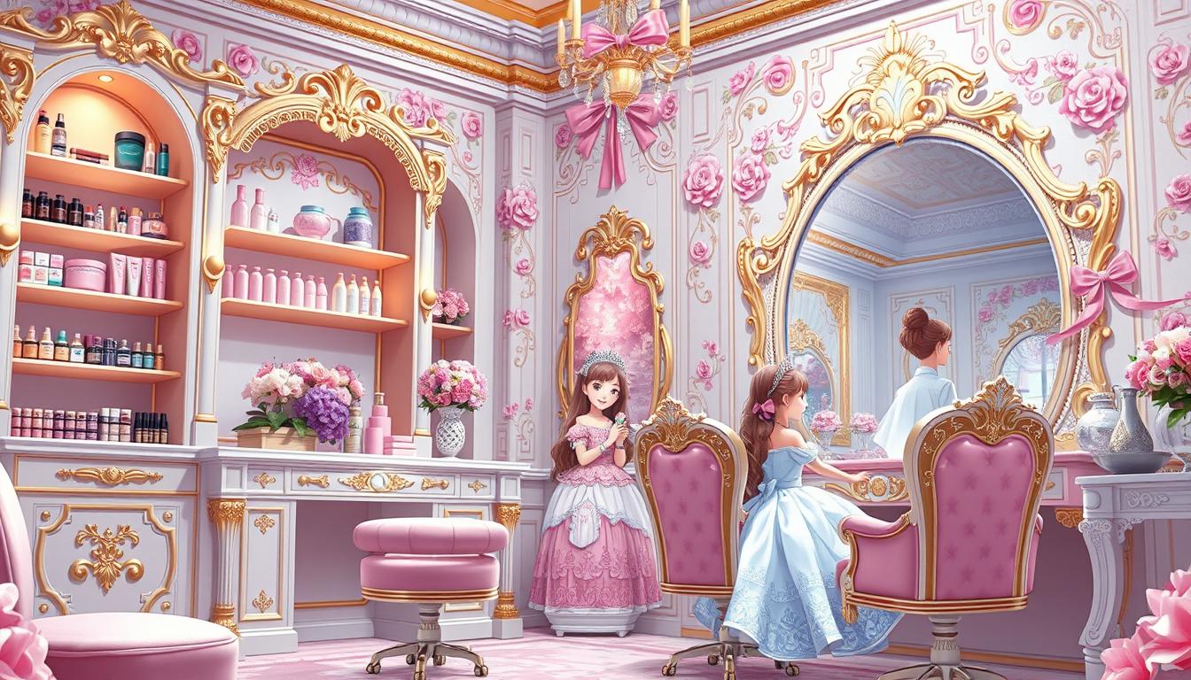 A beautifully decorated princess salon with intricate floral patterns and pastel color schemes. Ornate shelves display an array of makeup, haircare, and spa products. A grand vanity mirror reflects the elegant ambiance, while plush chairs and soft lighting create a relaxing atmosphere. Two young princesses sit at the vanity, being pampered by attentive stylists. Crystals, ribbons, and delicate details enchant the scene, transporting the viewer into a whimsical world of royal pampering and beauty.