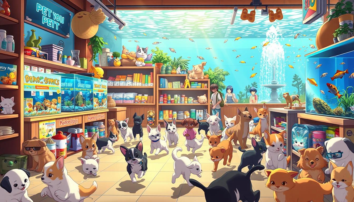 A bustling pet shop filled with an array of furry, feathered, and scaly companions. In the foreground, adorable puppies and kittens frolic and play, captivating visitors with their boundless energy. Towards the middle, rows of colorful fish tanks shimmer with the movement of vibrant tropical fish, while shelves display an assortment of pet supplies and accessories. In the background, a serene aquarium showcases a tranquil underwater scene, complemented by the soothing sound of a babbling fountain. The warm, natural lighting illuminates the space, creating a welcoming and inviting atmosphere for both pets and their owners.