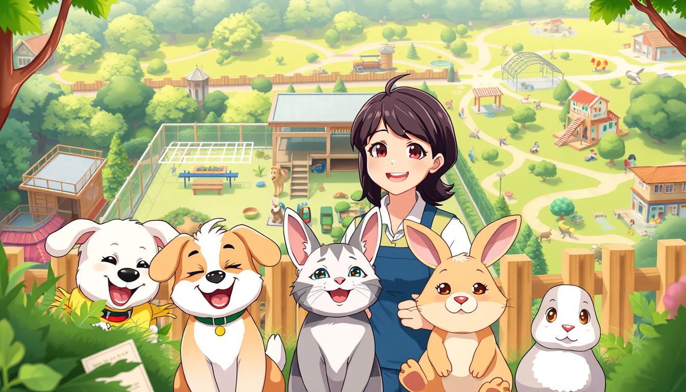 A vibrant, detailed illustration of the key features of the Zoo Animal Hotel game. The foreground depicts a group of happy, well-cared-for animals - a playful puppy, a groomed cat, and a content rabbit - being attended to by a smiling zookeeper. In the middle ground, a modern, eco-friendly zoo enclosure with lush foliage, interactive play structures, and clean feeding stations. The background showcases the overall zoo setting, with verdant landscapes, winding paths, and other animal habitats. The scene is bathed in warm, natural lighting, conveying a sense of tranquility and responsibility. The composition emphasizes the game's core themes of animal welfare, interactive care, and a wholesome, educational zoo experience.
