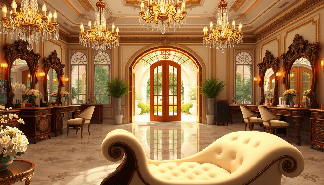 A lush, elegantly designed beauty salon with a royal ambiance. In the foreground, a plush, cream-colored chaise lounge invites visitors to relax. Sparkling crystal chandeliers cast a warm, inviting glow over the intricately carved mahogany furniture and delicate floral arrangements. The middle ground showcases a row of ornate vanity stations, each adorned with gilded mirrors and an array of luxurious beauty products. In the background, a grand, arched entryway leads to a tranquil, sun-dappled courtyard, hinting at the serene, pampering experience that awaits within.