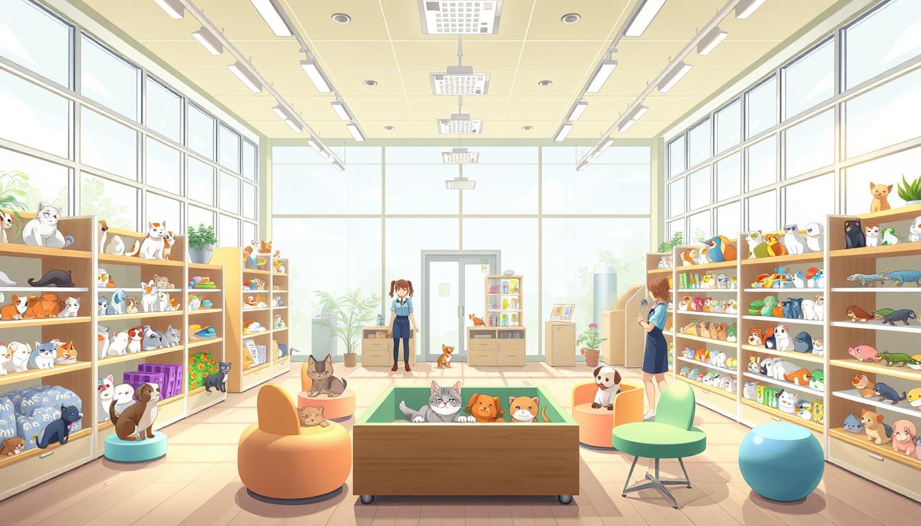 A vibrant and modern pet store, filled with natural light streaming through large windows. Rows of shelves display a variety of healthy, well-cared-for animals - from fluffy kittens and puppies to colorful fish and reptiles. The store's design features soothing pastel tones, wooden accents, and playful, ergonomic furniture for both pets and their owners. Employees in crisp uniforms attend to the animals' needs with a gentle, attentive demeanor. A centralized play area occupies the store's heart, where customers can interact with the pets. The overall atmosphere conveys a sense of warmth, cleanliness, and a genuine commitment to the well-being of all creatures great and small.