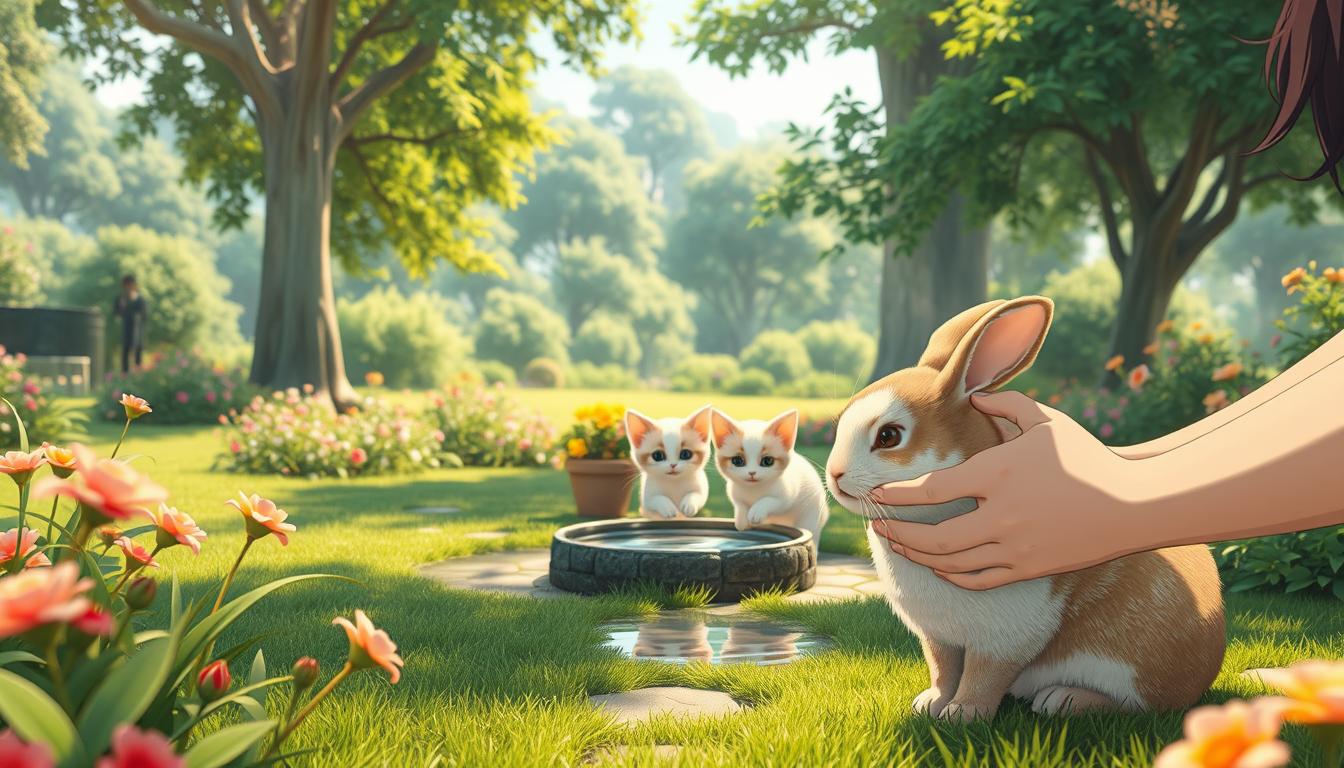 A serene animal care scene in a lush, meticulously designed digital garden. In the foreground, a caretaker tenderly brushes the soft fur of a content-looking rabbit, their movements delicate and caring. In the middle ground, a pair of playful kittens chase each other around a small watering hole, their energy and joy radiating through the frame. The background depicts a verdant, sun-dappled landscape, with towering trees and vibrant flora creating a tranquil, nurturing atmosphere. Subtle warm lighting and a shallow depth of field draw the viewer's focus to the heartwarming interactions between the caretaker and the animals. An immersive, visually captivating depiction of the dedication and attention required to properly care for the beloved creatures in the game's virtual world.