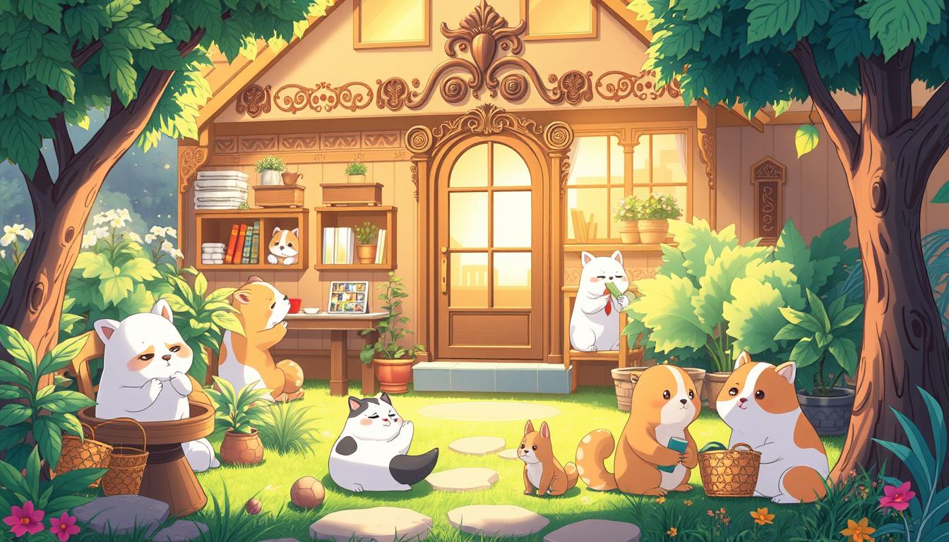 An illustration of a cozy animal hotel in a lush garden setting, with various animal characters engaged in different activities like cleaning their rooms, grooming themselves, and playing. The scene is bathed in warm, natural lighting, creating a serene and inviting atmosphere. The animals are depicted with expressive, adorable features, showcasing their individual personalities. The hotel's exterior is visible in the background, featuring an ornate, whimsical design that complements the charming garden landscape. The overall composition should convey a sense of harmony, well-being, and the joys of caring for and enjoying the company of various animal friends.