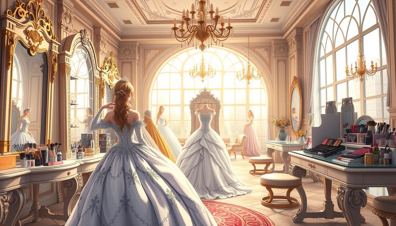 A beautifully rendered scene of a princess makeup salon, featuring an elegant and spacious interior with ornate furnishings and luxurious decor. In the foreground, a stunning princess model sits in front of a large vanity mirror, trying on a variety of magnificent gowns and accessories. The middle ground showcases an array of makeup products, brushes, and other beauty tools neatly arranged on shelves and tables. The background depicts an expansive room with high ceilings, chandeliers, and large windows that let in warm, soft lighting, creating a serene and glamorous atmosphere. The overall composition conveys a sense of whimsical fantasy and exquisite fashion, perfectly capturing the essence of a princess makeover experience.