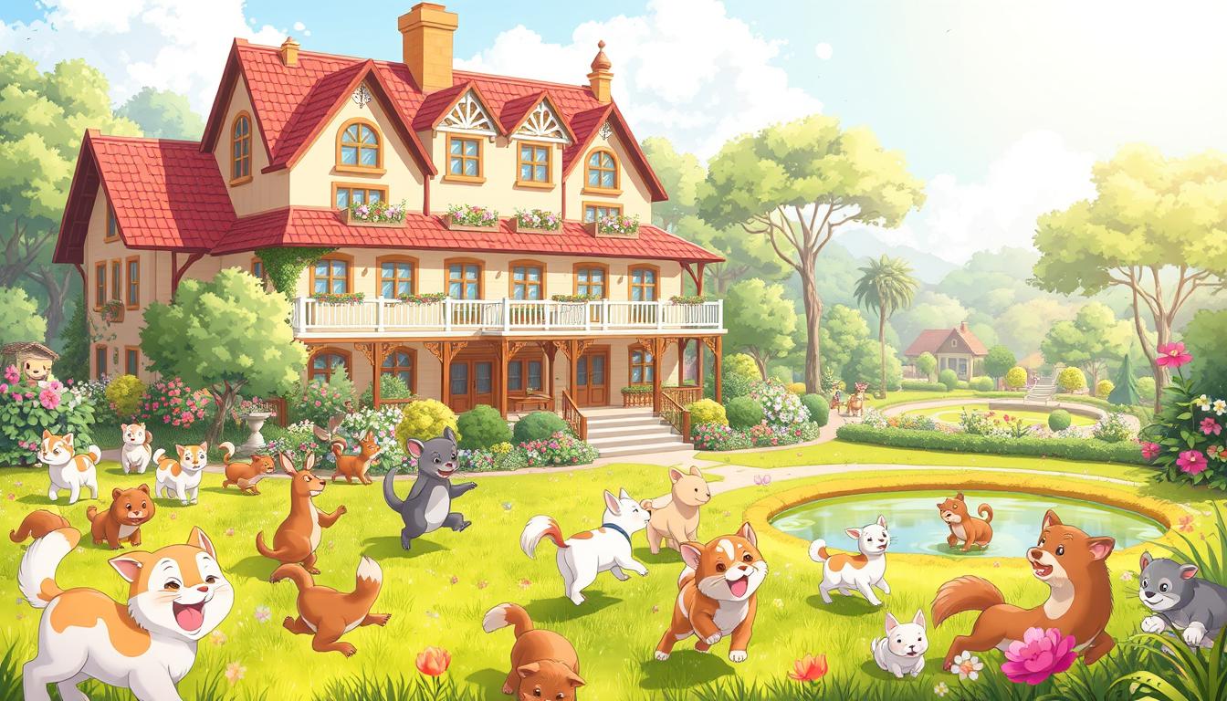 A detailed illustration of a vibrant animal hotel set in a lush, verdant garden. In the foreground, a variety of adorable, well-groomed animals frolic and play, their movements captured in a sense of playful energy. The middle ground showcases the hotel's exterior, a charming, whimsical building with distinct architectural features and colorful accents. The background features a picturesque garden landscape, with blooming flowers, towering trees, and a tranquil pond. The lighting is soft and natural, creating a warm, inviting atmosphere. The overall scene conveys a sense of harmony, where the animals and their surroundings coexist in a delightful, well-cared-for environment.