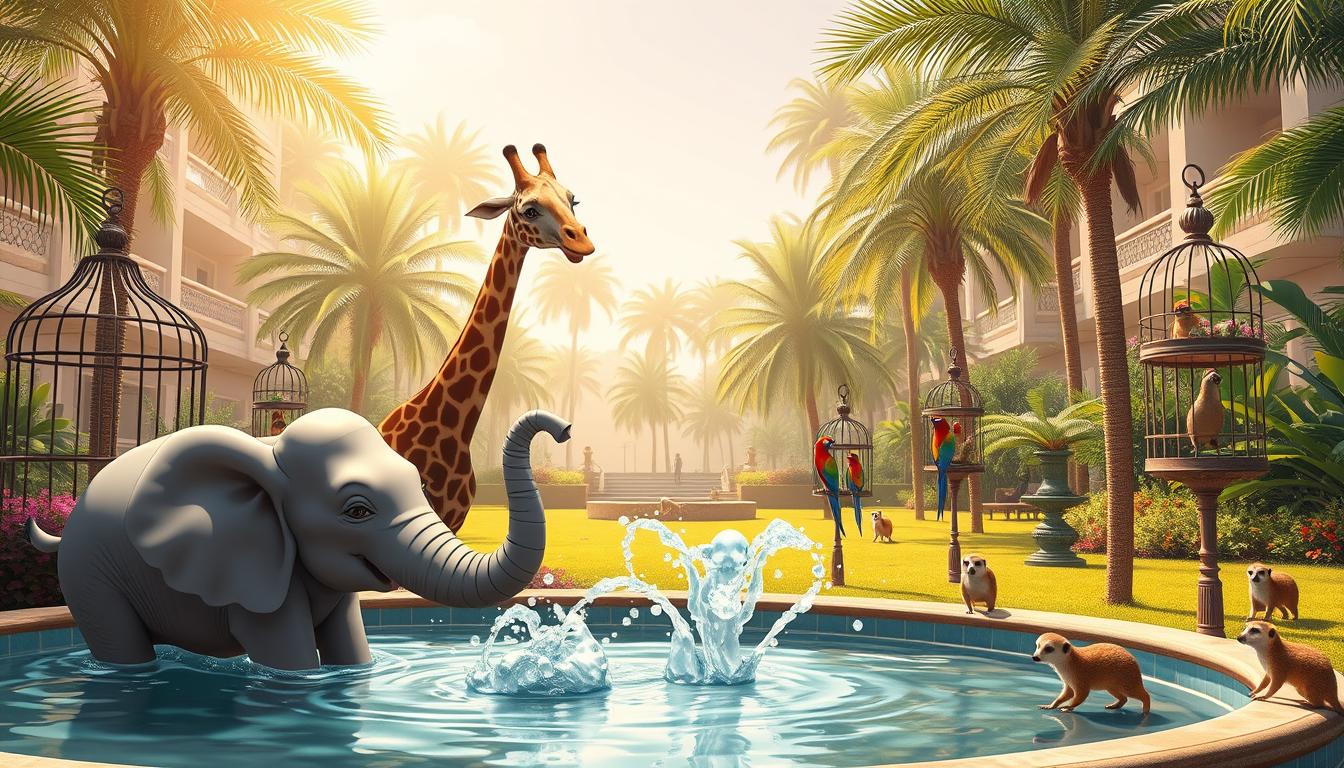 A whimsical scene in a lush, vibrant hotel garden, showcasing a variety of exotic animals. In the foreground, a playful elephant splashes in a decorative fountain, surrounded by a curious giraffe stretching its neck to observe. In the middle ground, a group of colorful parrots perch on ornate birdcages, while a family of meerkats scurry across the manicured lawn. In the background, a towering palm tree canopy filters warm, golden light, creating a serene, tropical atmosphere. The animals are rendered with detailed, lifelike textures and expressions, capturing their unique personalities within the enchanting hotel setting.