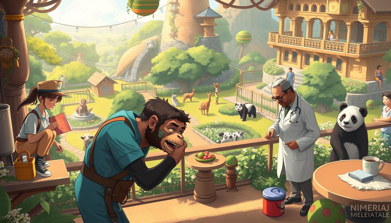 An elaborate animal hotel bustling with activity, showcasing the unique challenges of caring for its diverse animal residents. The foreground depicts a zookeeper tending to a mischievous monkey, while in the middle ground, a veterinarian examines a sick panda. The background reveals the hotel's lush, verdant landscape, punctuated by the enclosures of various exotic creatures. The lighting is warm and natural, casting a gentle glow over the scene, conveying a sense of diligence and dedication required to manage this whimsical, yet demanding establishment. Soft, textured brushstrokes and a vibrant color palette evoke the charm and whimsy of the &quot;Animal Hotel&quot; game experience.