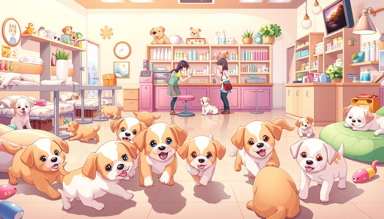 A vibrant and whimsical illustration of a cozy Puppy Friends Pet Dog Salon, where playful pups frolic amid grooming stations, toys, and cozy beds. In the foreground, a group of puppies cuddle and chase each other, their bright eyes and soft fur radiating joy. The middle ground features a spacious grooming area with plush towels, brushes, and shampoos, as attentive groomers tend to the pups' needs. In the background, the salon's warm and inviting atmosphere is accentuated by soft lighting, shelves stocked with pet supplies, and a welcoming reception desk. The overall scene conveys a sense of comfort, care, and the special bond between pets and their owners.