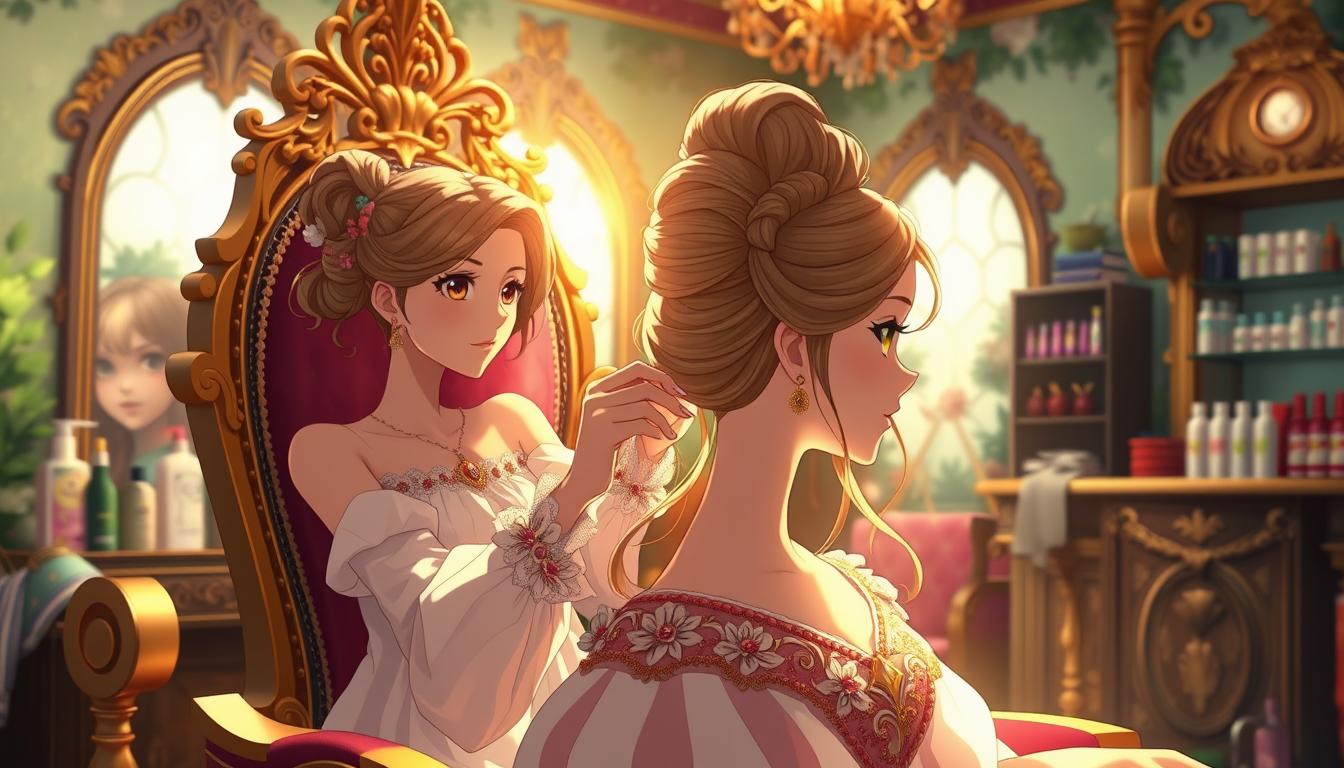 A lush, vibrant salon setting featuring an opulent princess chair, adorned with intricate gold filigree and plush velvet cushions. In the foreground, a talented stylist meticulously crafts an elegant updo, weaving strands of the princess's lustrous, flowing hair into an intricate, regal coiffure. Soft, warm lighting casts a radiant glow, accentuating the princess's delicate features and the stylist's skilled hands. The background showcases an array of hair products, tools, and accessories, hinting at the transformative power of the salon experience. The overall scene exudes a sense of refined luxury, artistry, and the transformative magic of a princess makeover.