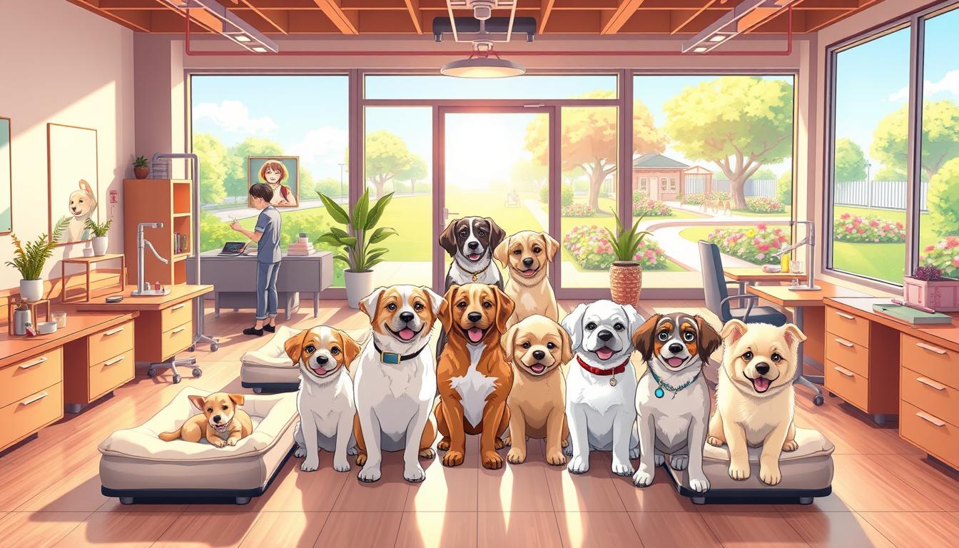 A lively, cheerful scene of a virtual pet grooming salon for dogs. In the foreground, a well-appointed salon interior with sleek, modern furnishings and a large, bright window showcasing a sunny outdoor space. Grooming stations with plush dog beds, pampering supplies, and friendly staff tending to the canine clients. In the middle ground, a group of adorable, meticulously groomed pups posing for a photo op, their coats shimmering and their expressions joyful. In the background, a vibrant, stylized outdoor environment with lush greenery, flowers, and an inviting dog park. The lighting is warm and natural, creating a welcoming, relaxing atmosphere. The overall impression is one of a high-quality, modern, and immersive virtual pet care experience.