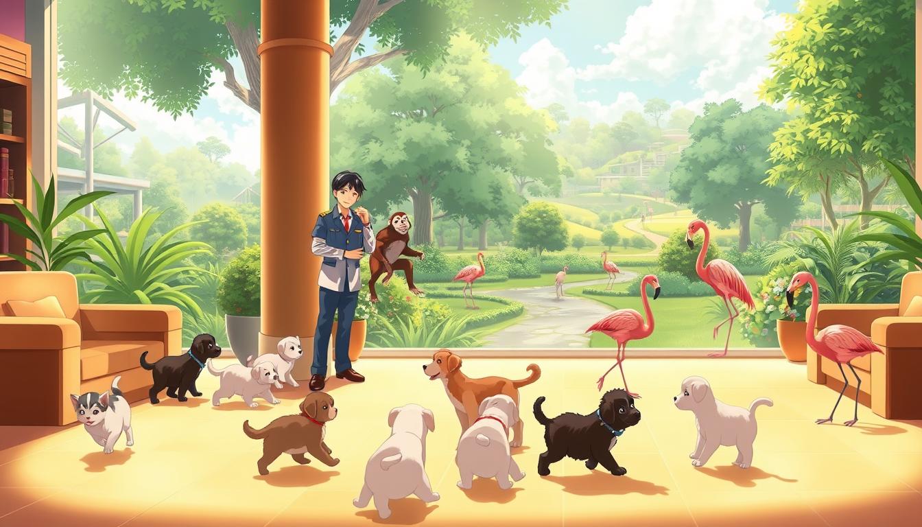 A serene animal hotel set in a lush, verdant garden. The lobby features a warm, inviting atmosphere with soft lighting and plush furnishings. In the foreground, a group of playful puppies and kittens frolic on the floor, while in the middle ground, a zookeeper in a crisp uniform attends to the needs of various exotic animals, including a curious monkey and a graceful flamingo. The background showcases a panoramic view of the hotel's grounds, complete with towering trees, a babbling brook, and the silhouettes of other animal guests. The overall scene exudes a sense of harmony, tranquility, and the joy of caring for beloved animal companions.