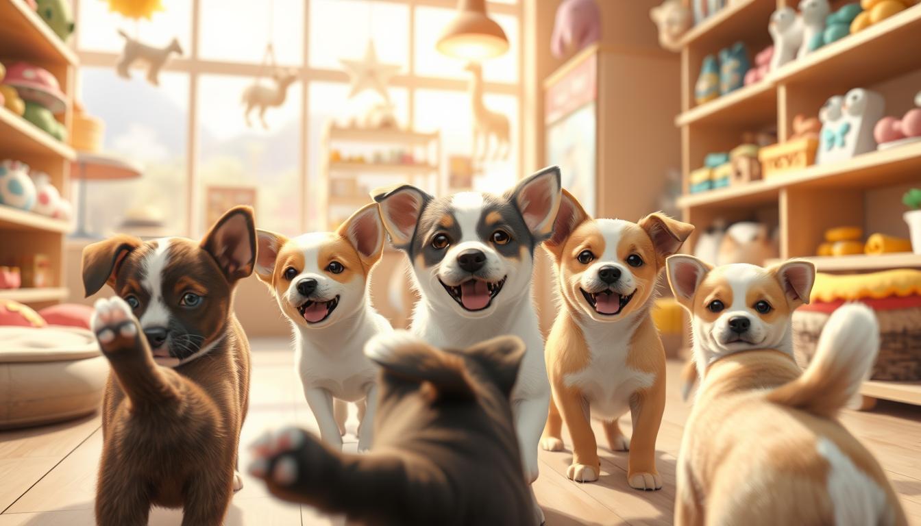 Detailed virtual dog simulation in a cozy, well-lit pet store. Adorable puppies playfully interact with the viewer, their wagging tails and curious expressions drawing the eye. Soft lighting creates a warm, inviting atmosphere, while the meticulously rendered setting showcases the store's inventory of toys, beds, and other pet accessories. The dogs' movements and behaviors are lifelike, creating a sense of genuine connection between the virtual pets and the observer. The scene captures the joy and wonder of engaging with digital companions in a realistic, immersive environment.