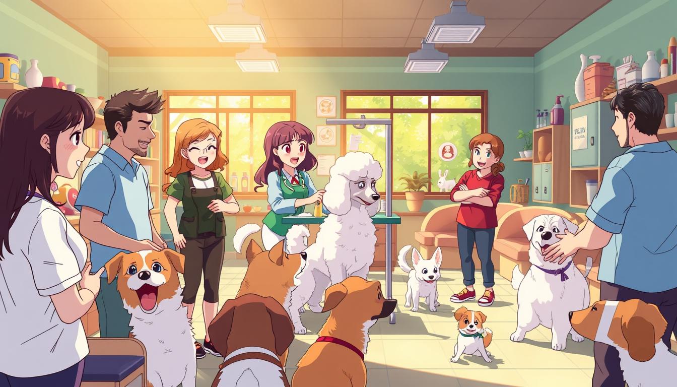 A lively and vibrant scene in a pet grooming salon, with dogs of various breeds and their owners engaged in animated social interactions. The foreground features a group of friends discussing their canine companions, their expressions lively and their body language open and relaxed. The middle ground showcases the grooming station, where a skilled groomer carefully trims and styles a poodle, while other dogs wait patiently for their turn. The background depicts the bustling atmosphere of the salon, with shelves of pet supplies, cozy seating areas, and the occasional playful pup exploring the space. Warm, natural lighting filters in through large windows, casting a welcoming glow and highlighting the joyful camaraderie between the dogs and their human companions.