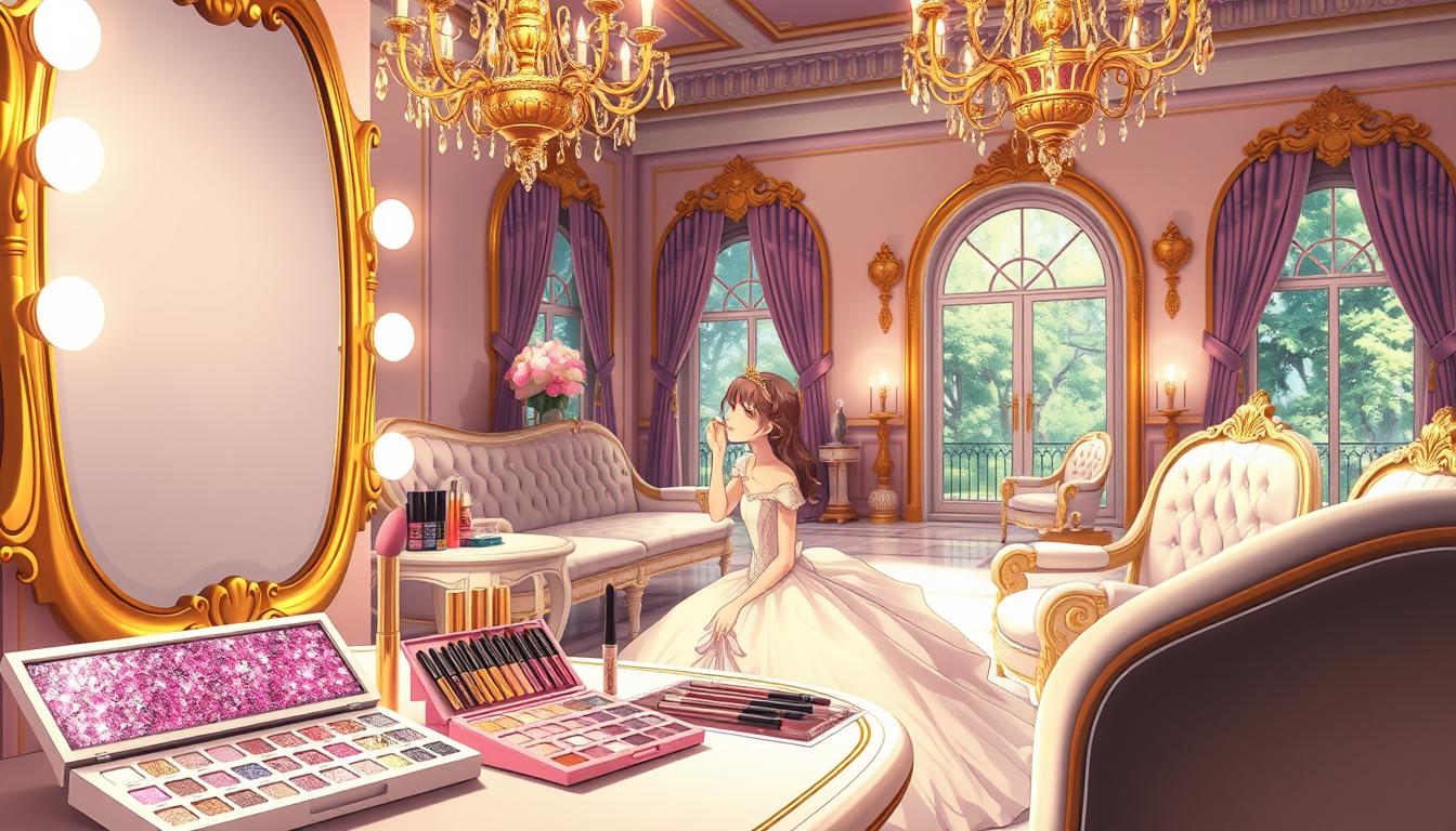 A beautifully lit princess makeup salon, with elegant vanity mirrors, ornate golden accents, and soft pastel colors. In the foreground, an array of princess-themed makeup products - glittery eyeshadow palettes, shimmering lip glosses, and blushing highlighters. In the middle ground, a young princess sits at the vanity, deep in concentration as she applies her makeup with delicate brushstrokes. Surrounding her, the background features plush velvet chaise lounges, intricate chandeliers, and a hint of a lush garden visible through large arched windows, creating a serene and regal atmosphere.
