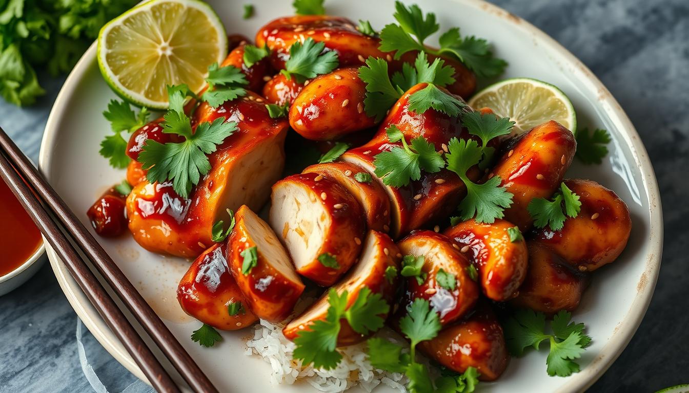 Finished Sweet Chili Lime Chicken Recipe garnished with cilantro and lime wedges
