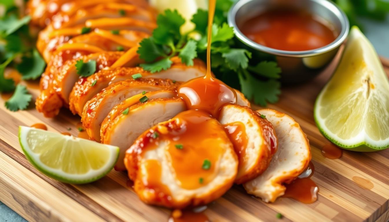 Sliced Sweet Chili Lime Chicken with glaze drizzled over top