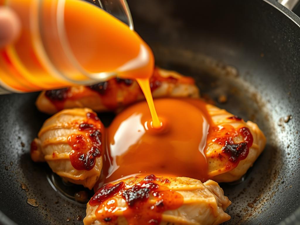 Glazing Sweet Chili Lime Chicken with sauce in the pan
