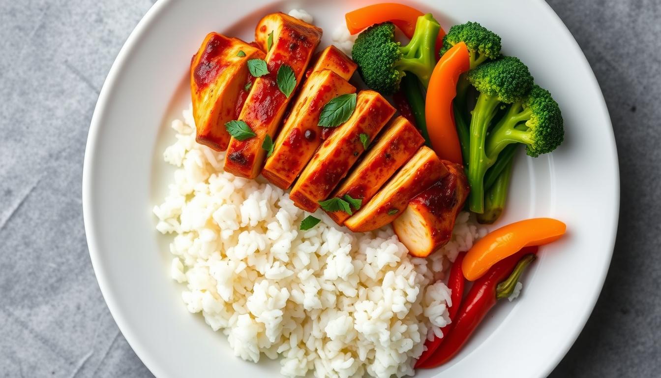 Sweet Chili Lime Chicken served with coconut rice and steamed vegetables