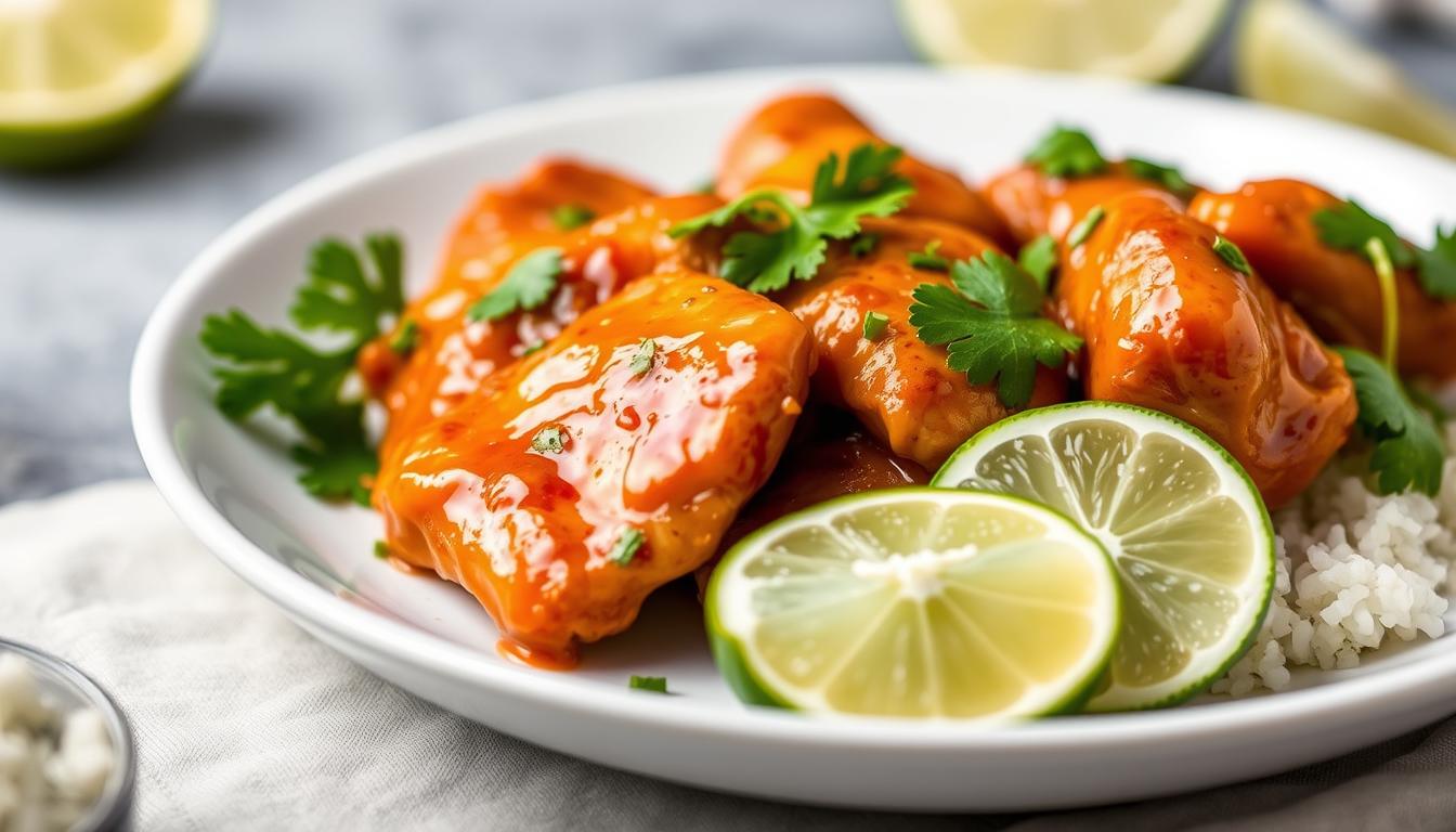 Sweet Chili Lime Chicken served on a white plate with lime wedges and cilantro garnish