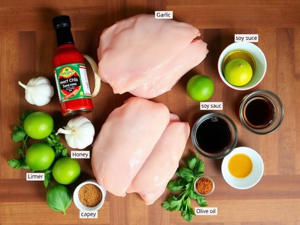 Ingredients for Sweet Chili Lime Chicken Recipe laid out on a wooden surface