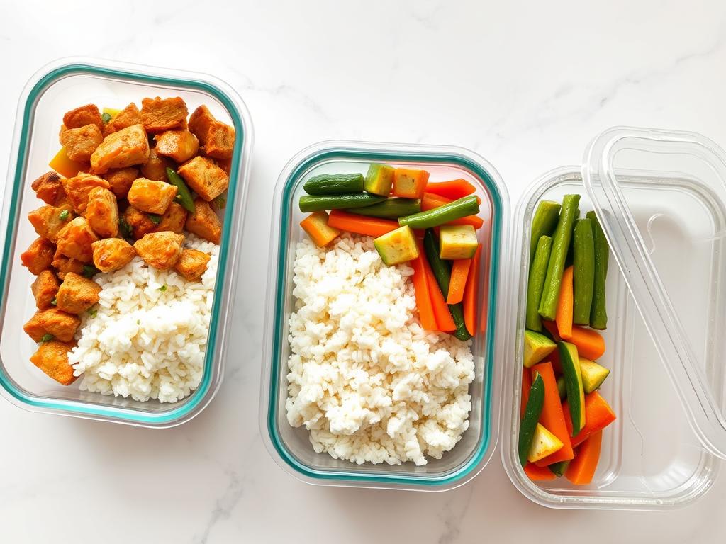 Sweet Chili Lime Chicken in meal prep containers with rice and vegetables