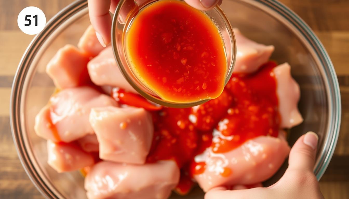 Process of making Sweet Chili Lime Chicken showing marinating step