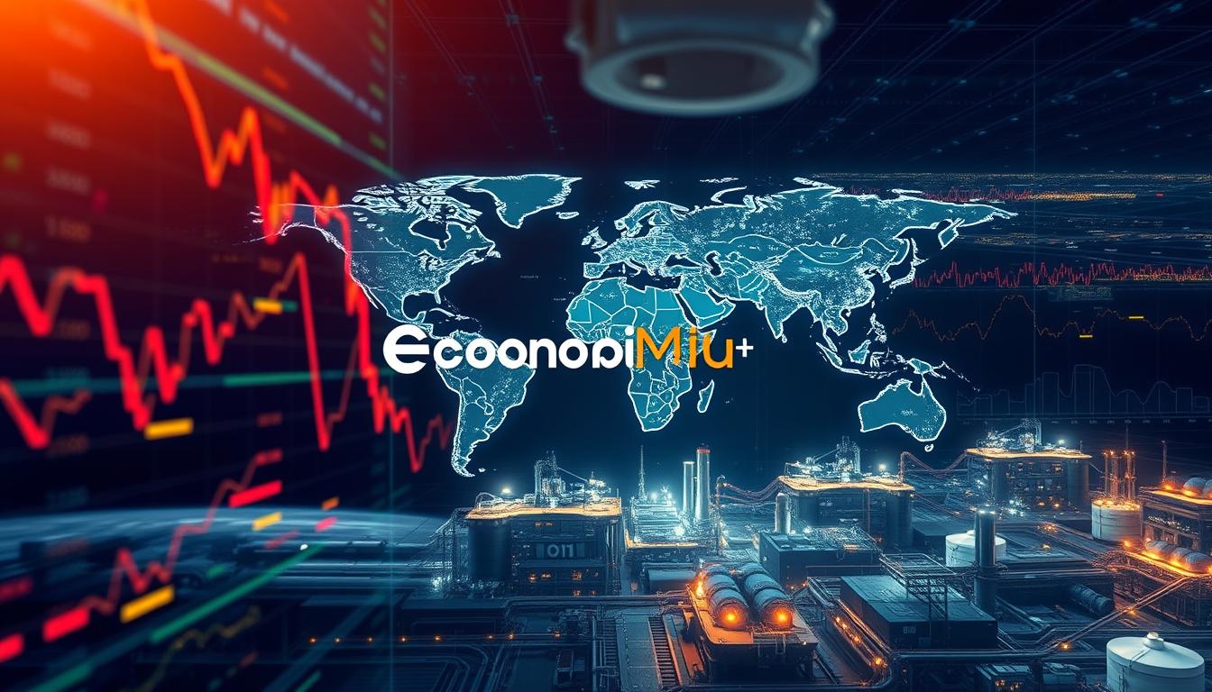 A detailed, wide-angle shot of the global oil market factors, captured with a high-quality professional lens. In the foreground, a dynamic display of fluctuating oil prices, with charts and graphs reflecting the volatility of the market. In the middle ground, a map of the world showcasing the major oil-producing regions and trade routes, illuminated by subtle lighting. In the background, a network of pipelines, tankers, and refineries, all contributing to the intricate web of the global oil industry. The overall atmosphere conveys a sense of complexity, interconnectedness, and the profound impact of oil on the world economy. The EconoMix Plus logo is subtly integrated into the design.