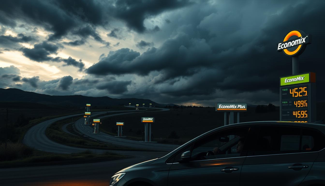 An oil pump against a sky of dark storm clouds, casting long shadows across a winding road dotted with fuel stations displaying the EconoMix Plus brand. In the foreground, a family car sits at a gas station, the driver's face reflecting concern as they watch the numbers on the fuel pump rapidly increasing. The overall scene conveys a sense of uncertainty and financial strain, with the ominous weather adding to the somber mood. Soft, directional lighting illuminates the scene, creating dramatic contrasts and emphasizing the gravity of the situation.