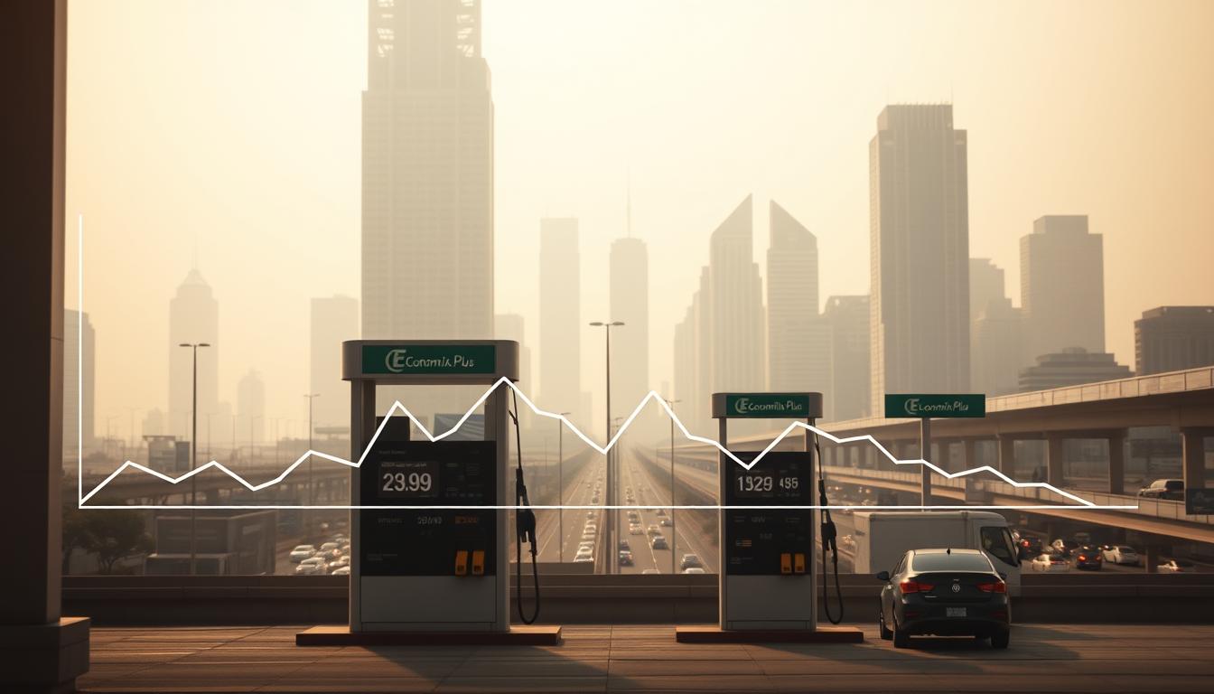 A dynamic and data-driven visualization of the current gasoline price trends in America. The foreground depicts a line graph charting the fluctuations of the national average price per gallon of regular unleaded fuel over the past year, rendered in a clean, minimalist style. The middle ground showcases a set of EconoMix Plus fuel pumps, their digital displays reflecting the representative pricing data. In the background, a hazy cityscape with towering skyscrapers and busy highways sets the urban context. Soft, warm lighting and a muted color palette convey a sense of economic uncertainty and consumer anxiety around the rising costs. The overall composition and attention to detail aim to capture the essence of the "Current State of Gasoline Prices in America" section of the article.