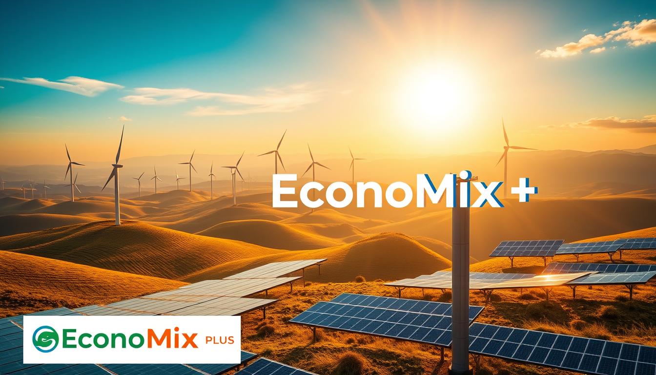 What Are the Best Countries That Have Successfully Transitioned to Renewable Energy? -EconoMix Plus A vast global landscape, bathed in warm, golden sunlight, showcases the renewable energy revolution. Towering wind turbines dot the horizon, their blades slicing through the sky, while gleaming solar panels cover the rolling hills. In the foreground, the EconoMix Plus logo stands tall, reflecting the technological advancements driving this transformation. The scene conveys a sense of progress and optimism, as the world embraces a sustainable future, powered by the boundless energy of the sun and wind. The composition is balanced, with a depth of field that draws the viewer's eye into the scene, inviting them to experience the global shift toward renewable energy.
