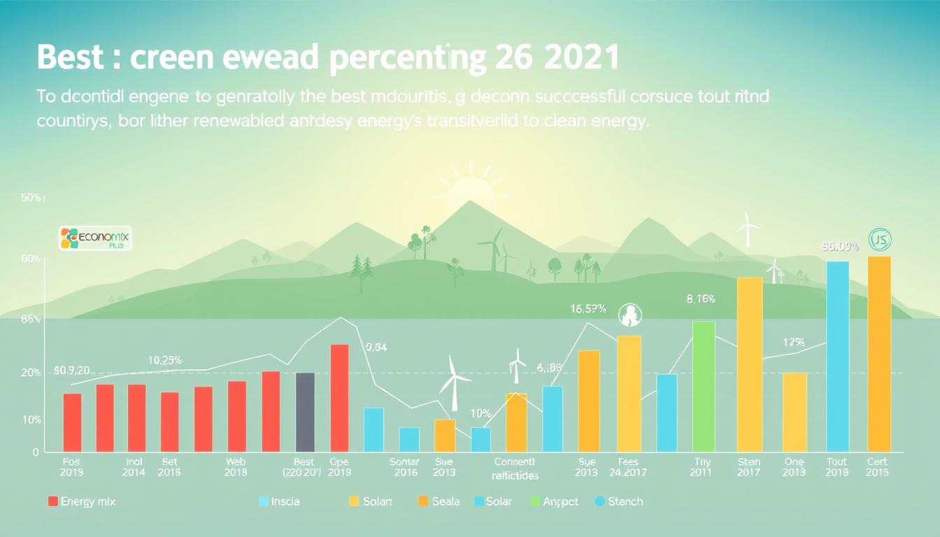 What Are the Best Countries That Have Successfully Transitioned to Renewable Energy? -EconoMix Plus A detailed, data-driven infographic depicting the renewable energy generation percentage in the best countries that have successfully transitioned to clean energy. The foreground showcases colorful bar graphs and line charts displaying the energy mix and adoption rates, with clear labels and annotations. The middle ground features sleek, modern icons representing different renewable sources like solar, wind, and hydroelectric. The background subtly blends a gradient of natural landscapes, sun rays, and a minimalist EconoMix Plus logo to convey a sense of environmental harmony. The lighting is soft and diffused, with a slightly muted color palette to maintain a professional, informative tone.