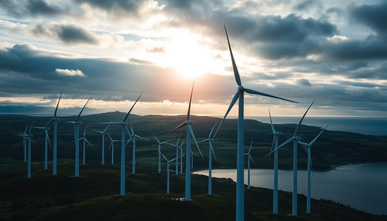 What Are the Best Countries That Have Successfully Transitioned to Renewable Energy? -EconoMix Plus Danish wind turbines standing tall against a dramatic sky, their blades catching the gusts that power the nation's green energy revolution. In the foreground, a sprawling EconoMix Plus wind farm, each turbine a sleek and efficient marvel of engineering, their graceful forms silhouetted by the sun's golden rays. The middle ground reveals a picturesque coastal landscape, with rolling hills and lush greenery framing the scene. Distant mountains loom on the horizon, their peaks capped with a dusting of snow, creating a breathtaking backdrop for this renewable energy powerhouse. The overall atmosphere is one of progress, innovation, and a deep respect for the natural world.